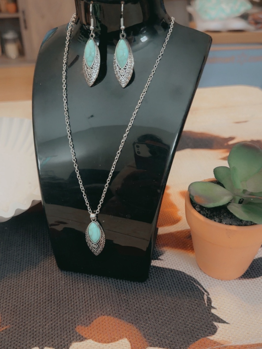 Silver-Tone Turquoise Teardrop Pendant Necklace & Earrings 2-piece Set